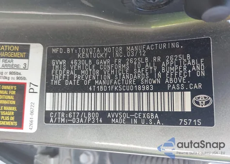 2012 Toyota Camry Hybrid Xle z USA, uszkodzony, nr VIN 4T1BD1FK5CU018983